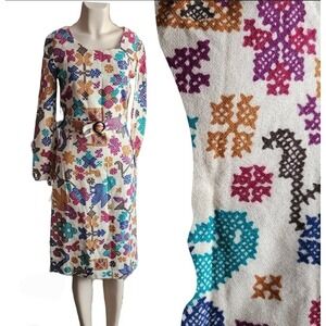 Vintage 1960s Handmade Knit Midi Dress Jewel Tone Cross Hatch Beige M 30 Waist